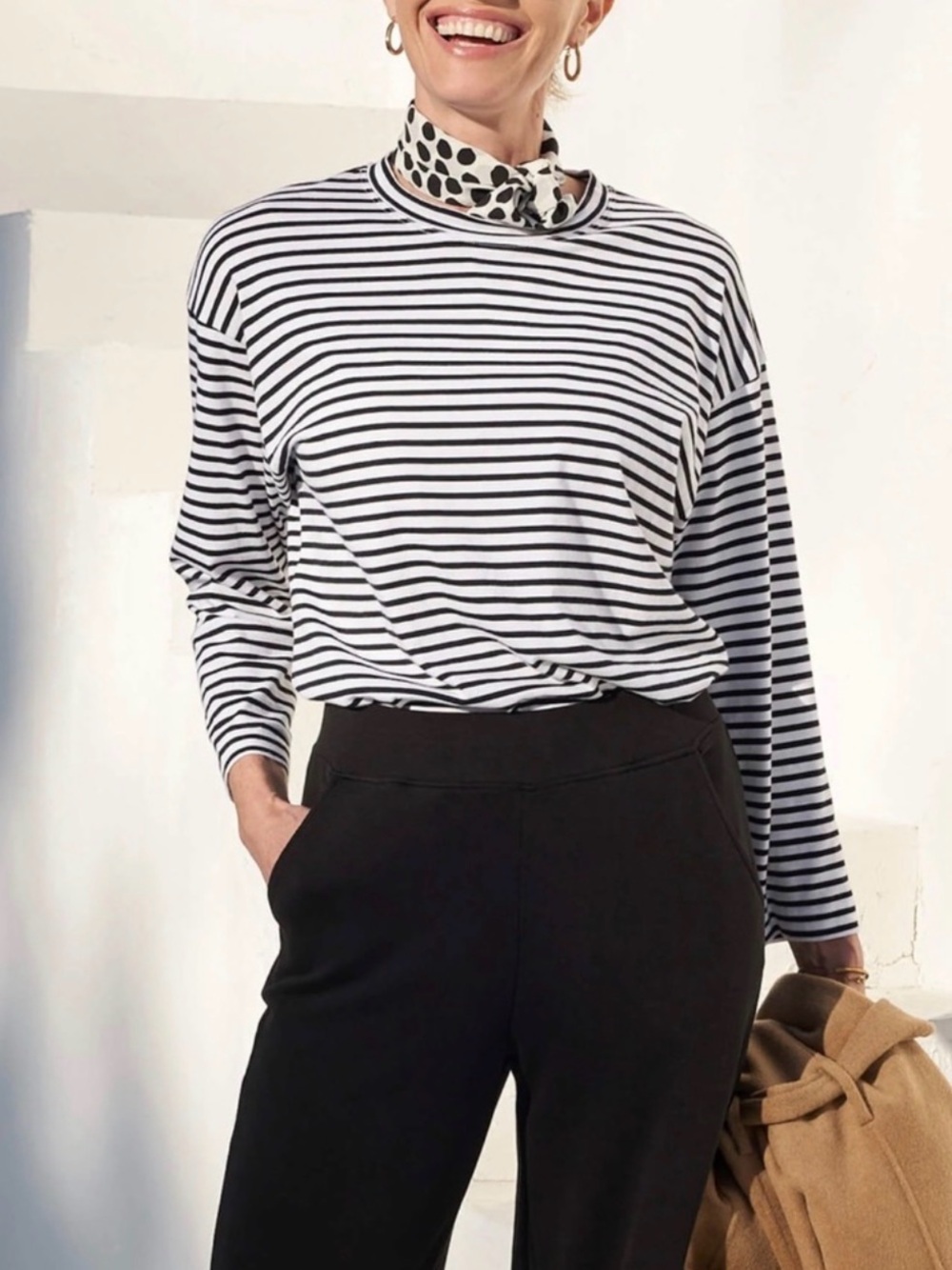 AYR Black & White Piano Stripe French Fry Long-Sleeve Tee High Neck Preppy Small